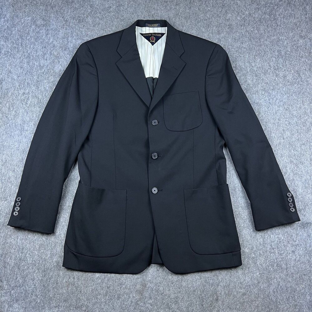 Vtg Tommy Hilfiger Mens Sport Coat Blazer Black 3 Button Wool Made in USA Sz 38R